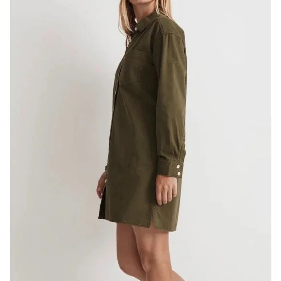 MADEWELL Mini Shirtdress Loden Olive Green 100% Cotton Button Up Boho Casual XS - Picture 3 of 9